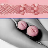 A grayscale photo shows a person’s torso with two flesh-toned, lip-shaped silicone objects on their arm, and above is a close-up of the Fleshlight GO Surge - Vagina by Fleshlight, travel-sized and made from SuperSkin, highlighting its textured interior.